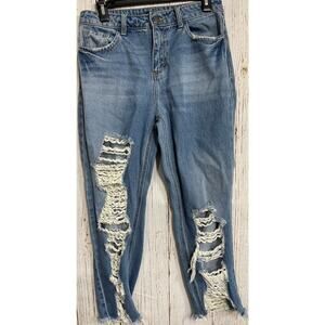 Fashion Nova Cropped Jeans Junior 5 Blue Denim Distressed Ripped 100% Cotton